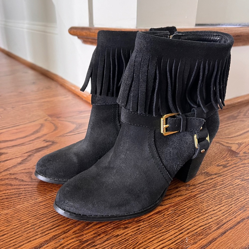 LRL Ralph Lauren Mara Black Suede Fringe Ankle Boots Gold Buckle 7.5B 11739 G14 - Picture 5 of 15